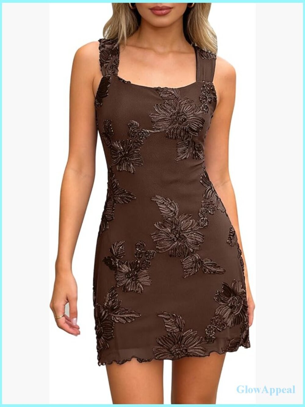 Embroidered Floral Mini Dress Sleeveless Square Neck Mesh A-Line Cocktail Party